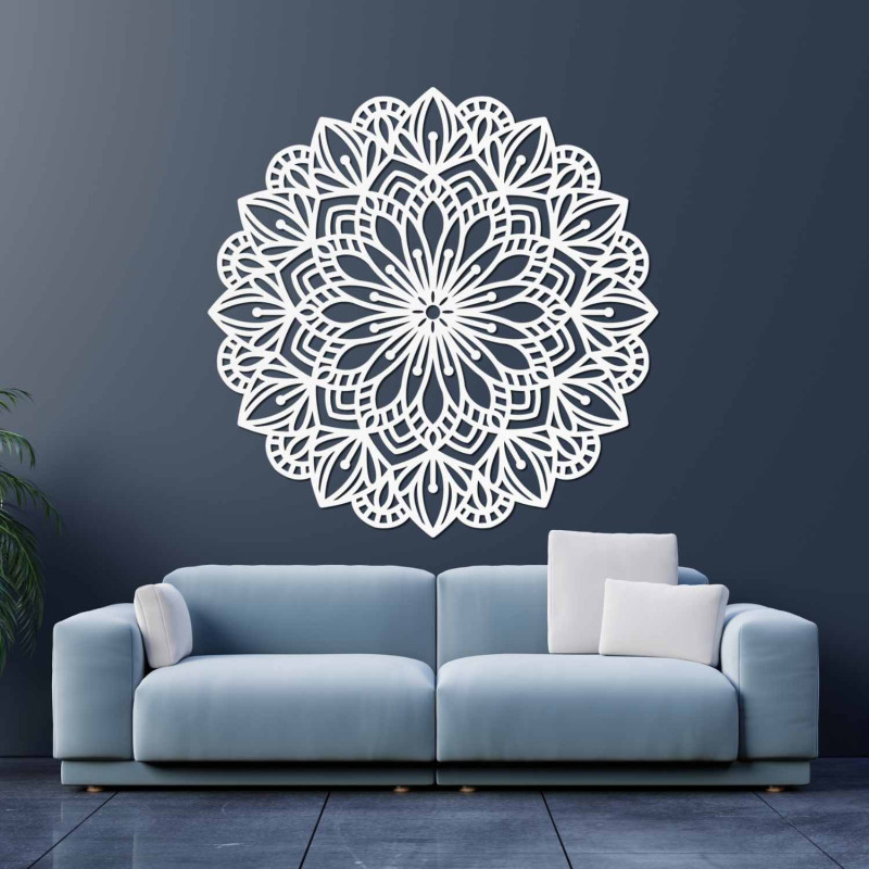 Wooden mandala for the wall with a precisely carved ornamental pattern in a natural decor