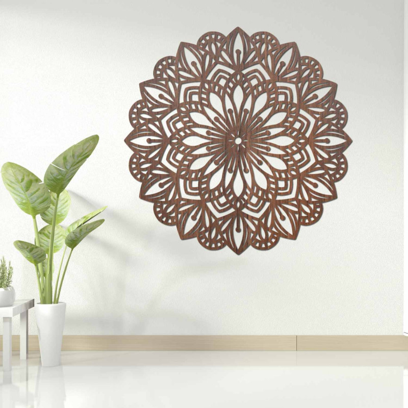 Wooden mandala for the wall with a precisely carved ornamental pattern in a natural decor