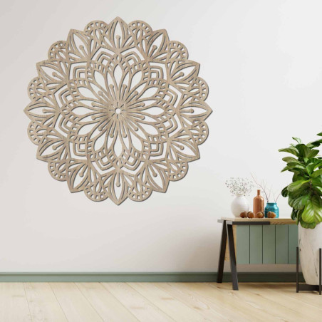 Wooden mandala for the wall with a detailed ornamental pattern in a natural decor