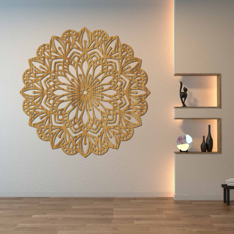 Wooden mandala for the wall with a detailed ornamental pattern in a natural decor