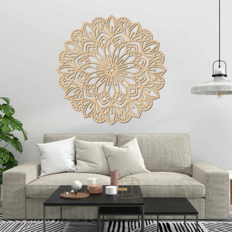 Wooden mandala for the wall with a detailed ornamental pattern in a natural decor