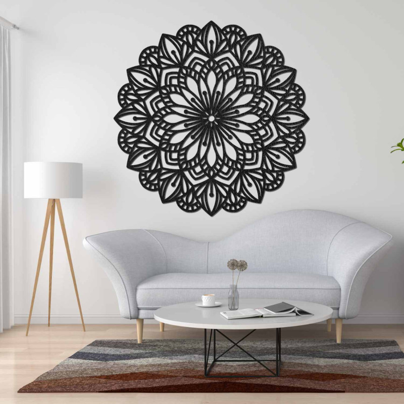 Wooden mandala for the wall with a detailed ornamental pattern in a natural decor