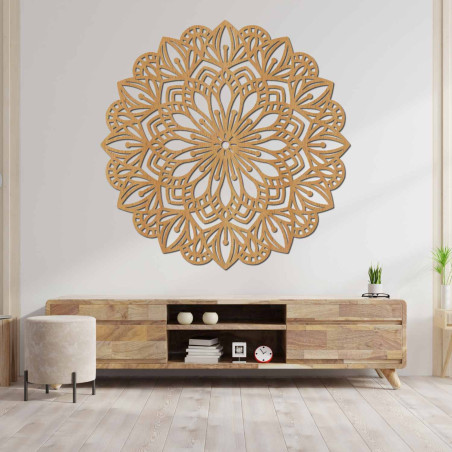 Wooden mandala for the wall with a detailed ornamental pattern in a natural decor