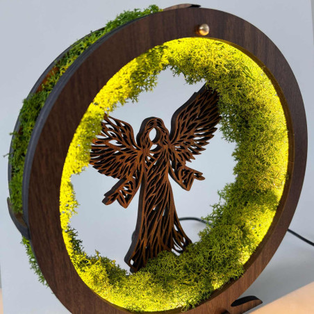 LED lamp Angel with moss and warm backlight in a wooden frame