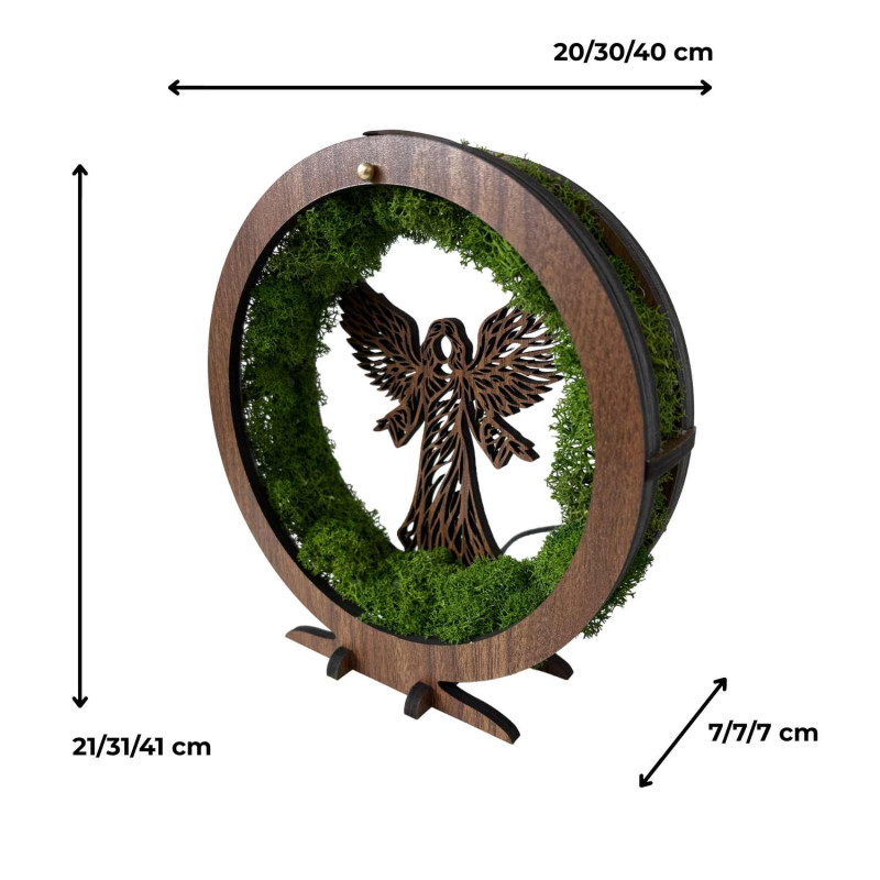 Original table decoration with angel, moss and LED lighting