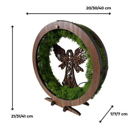 Original table decoration with angel, moss and LED lighting