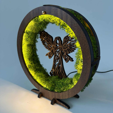 LED lamp Angel with moss and warm backlight in a wooden frame