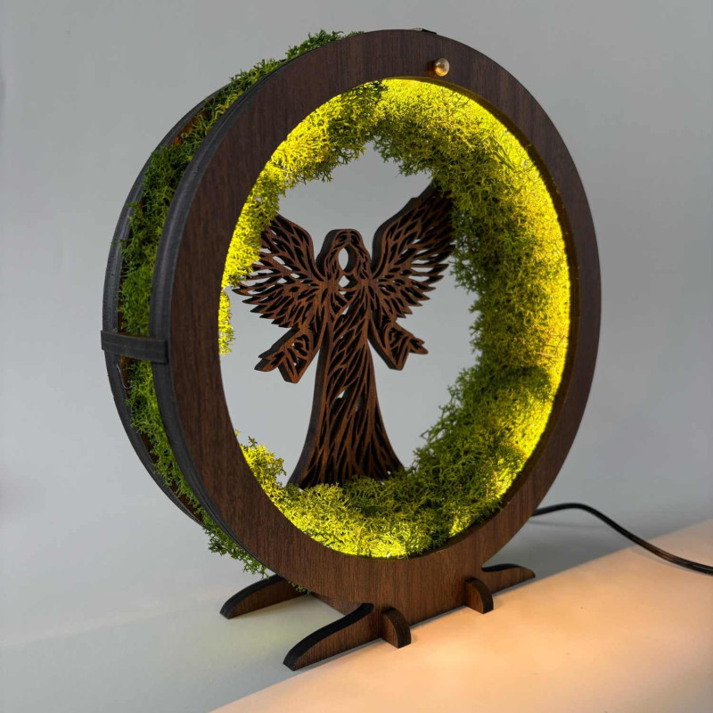 Wooden LED decoration with angel and stabilized moss