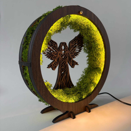 Wooden LED decoration with angel and stabilized moss