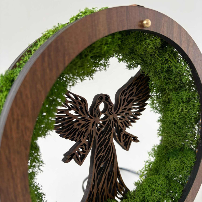 Wooden LED decoration with angel and stabilized moss