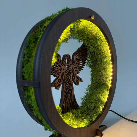 Wooden LED decoration with angel and stabilized moss