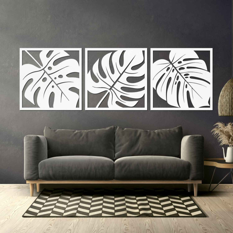 Modern set of three paintings with exotic leaves for a stylish interior