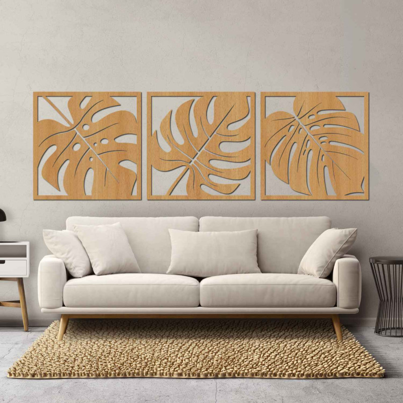 Modern set of three paintings with exotic leaves for a stylish interior