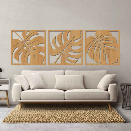 Modern set of three paintings with exotic leaves for a stylish interior