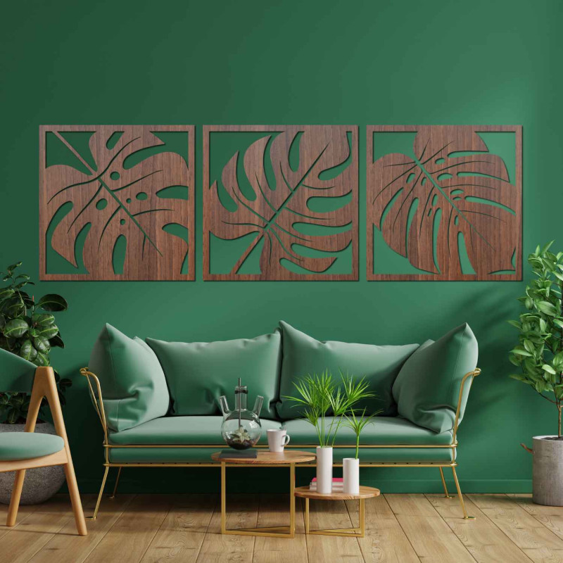 Modern set of three paintings with exotic leaves for a stylish interior