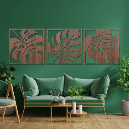 Modern set of three paintings with exotic leaves for a stylish interior