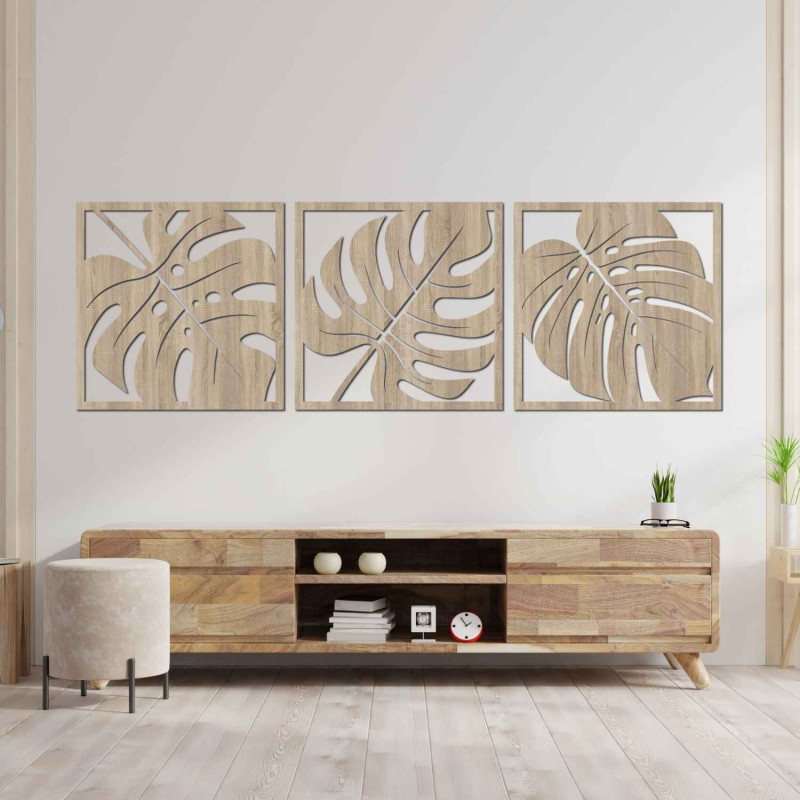 Modern set of three paintings with exotic leaves for a stylish interior