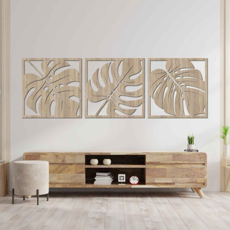 Modern set of three paintings with exotic leaves for a stylish interior