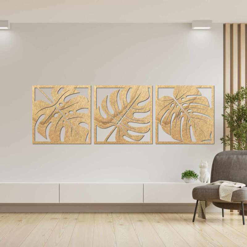 Tropical wooden wall art with Monstera leaf motif