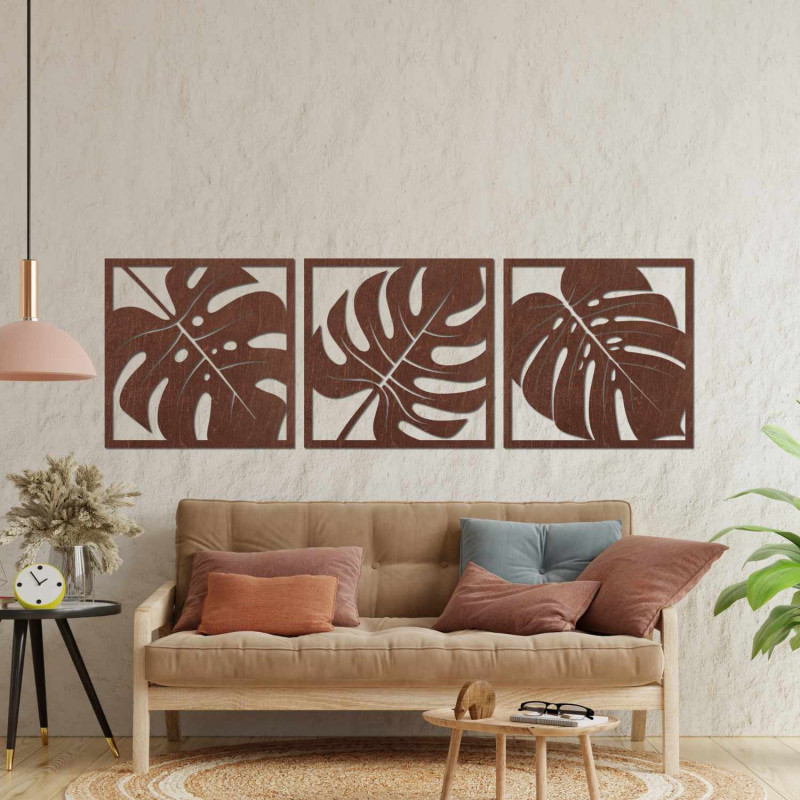 Tropical wooden wall art with Monstera leaf motif