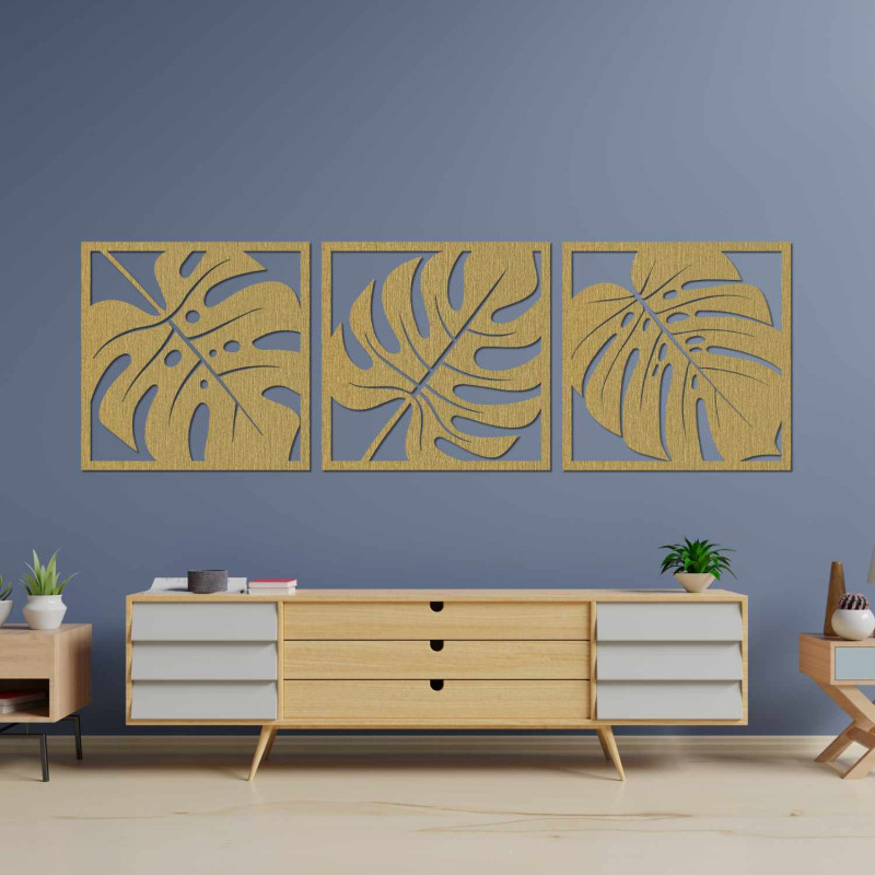 Elegant three-part Monstera painting made of wood for a modern interior