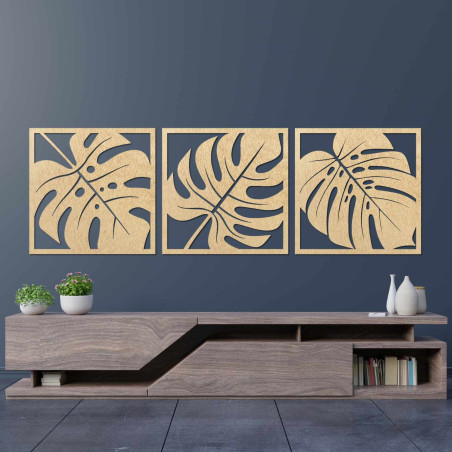 Elegant three-part Monstera painting made of wood for a modern interior