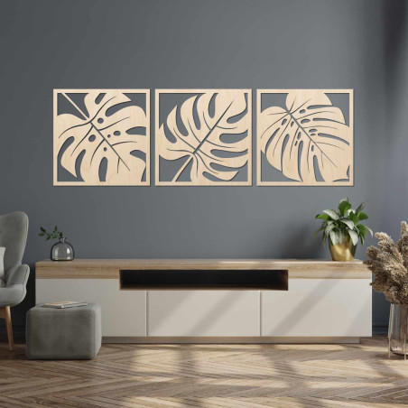 Minimalist wooden decoration with a botanical motif of tropical plants
