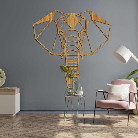 Wooden elephant on the wall with a minimalist geometric design