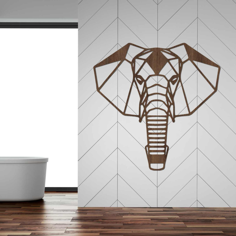 Wooden elephant on the wall with a minimalist geometric design