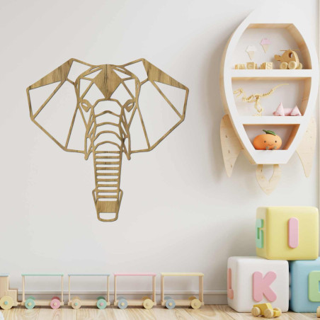 Wooden elephant on the wall with a minimalist geometric design
