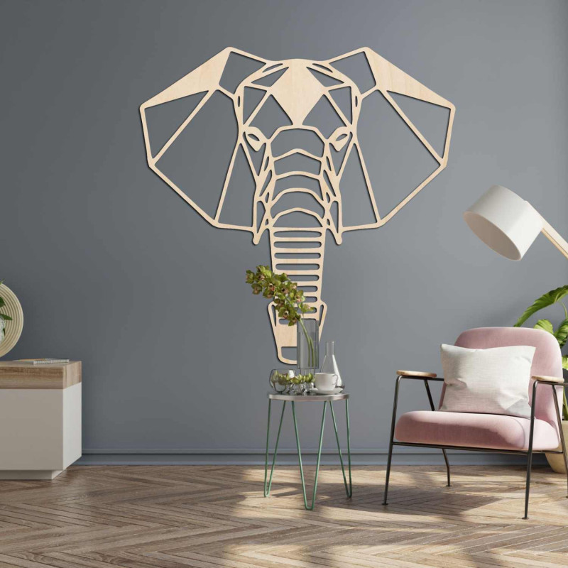 Wooden elephant on the wall with original geometric design and details