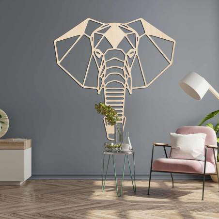 Wooden elephant on the wall with original geometric design and details
