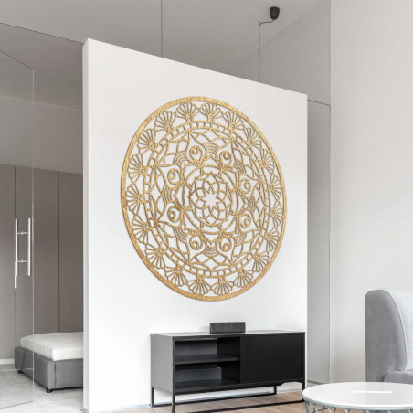 Wooden mandala on the wall symbolizing harmony, balance and peace
