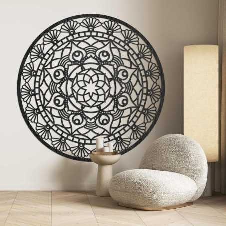 Wooden mandala on the wall symbolizing harmony, balance and peace