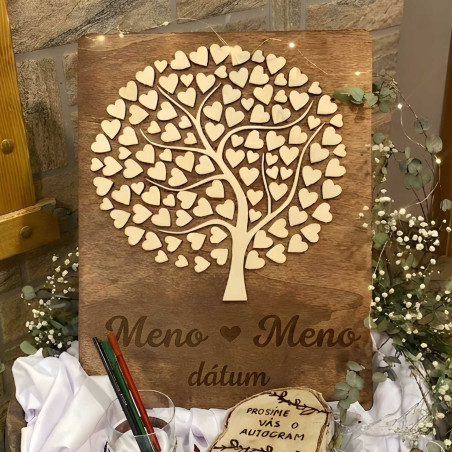 Wooden wedding guest book with tree and hearts for signatures
