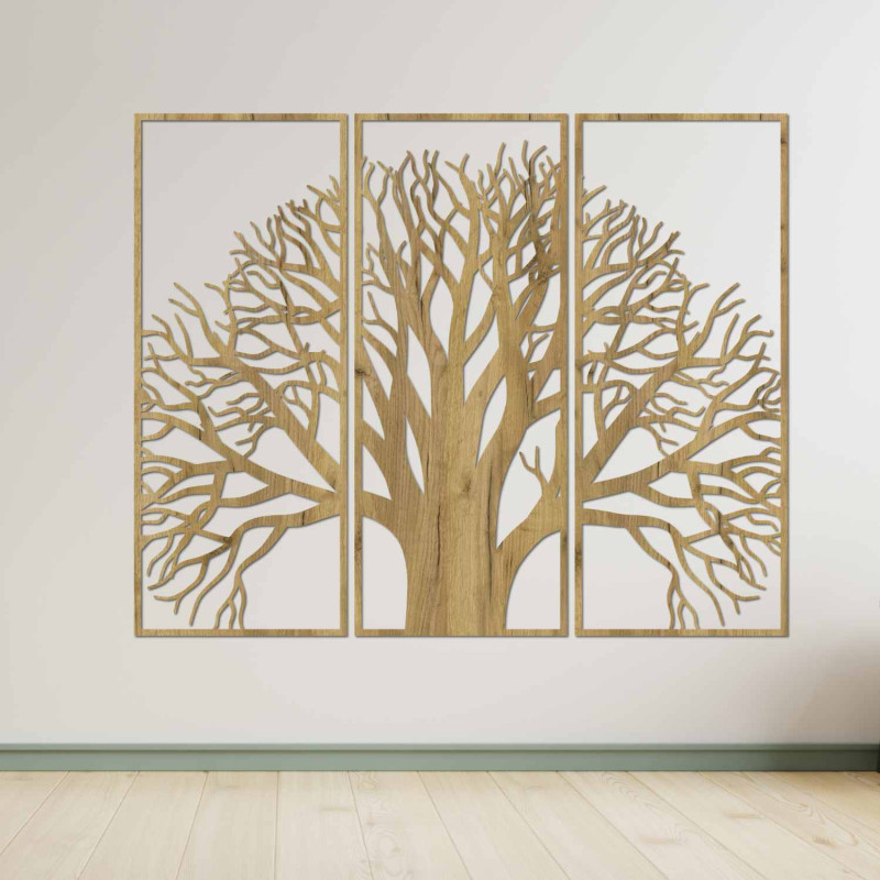 Elegant three-part picture of a tree with a branched crown on the wall