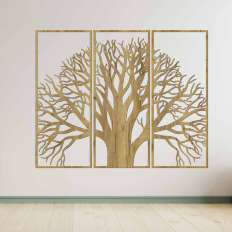 Elegant three-part picture of a tree with a branched crown on the wall