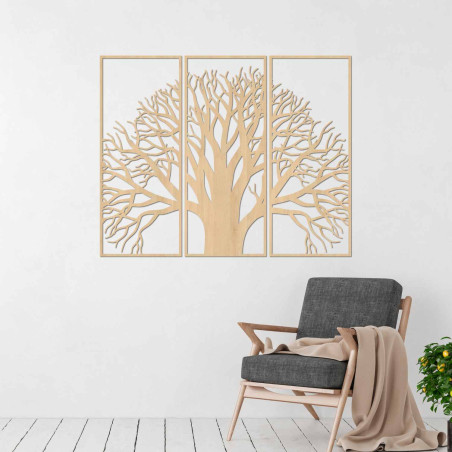 Elegant three-part picture of a tree with a branched crown on the wall