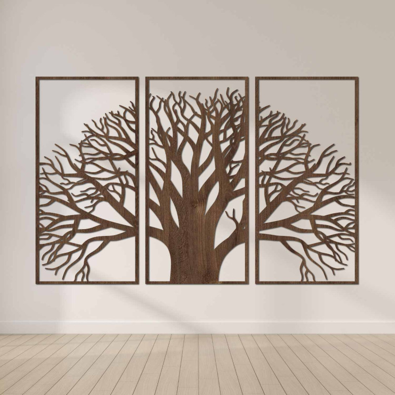 Elegant three-part picture of a tree with a branched crown on the wall