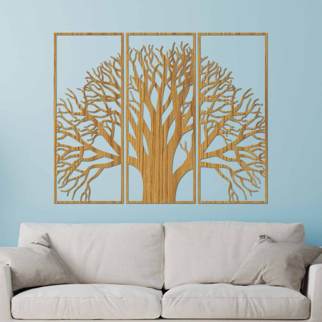 Elegant three-part picture of a tree with a branched crown on the wall