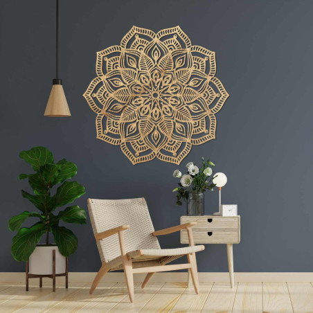 Round wooden mandala with precise laser carving and rich details