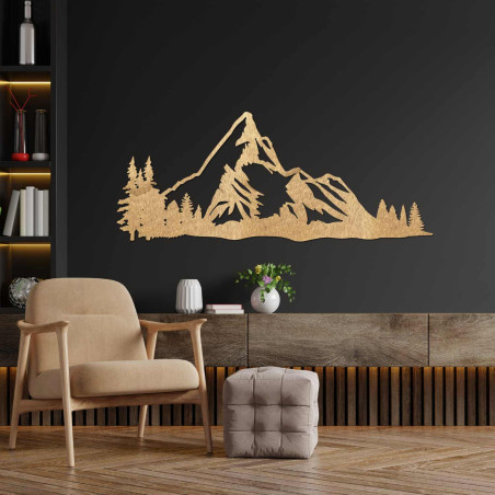 Elegant wooden picture of mountains with forest scenery for a stylish interior