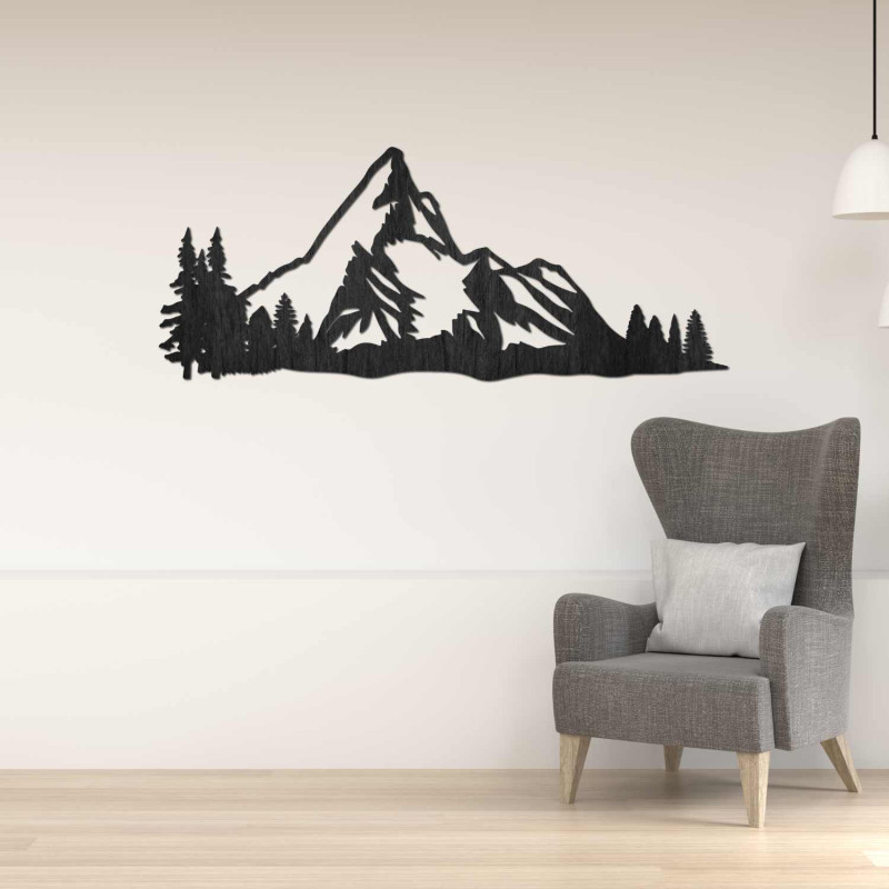 Elegant wooden picture of mountains with forest scenery for a stylish interior