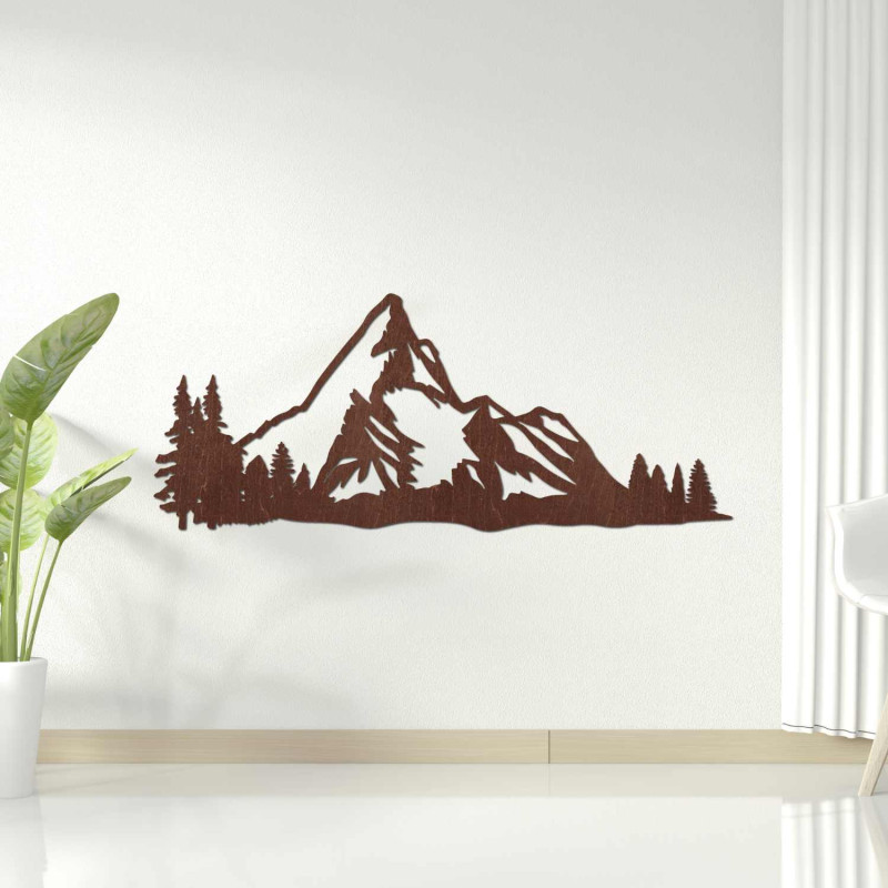 Elegant wooden picture of mountains with forest scenery for a stylish interior