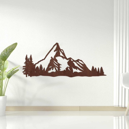 Elegant wooden picture of mountains with forest scenery for a stylish interior