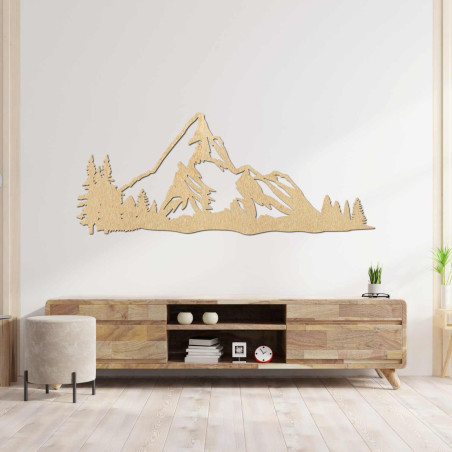 Mountain panorama made of wood with precise laser carving on the wall