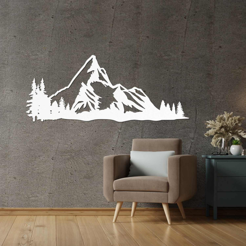 Mountain panorama made of wood with precise laser carving on the wall
