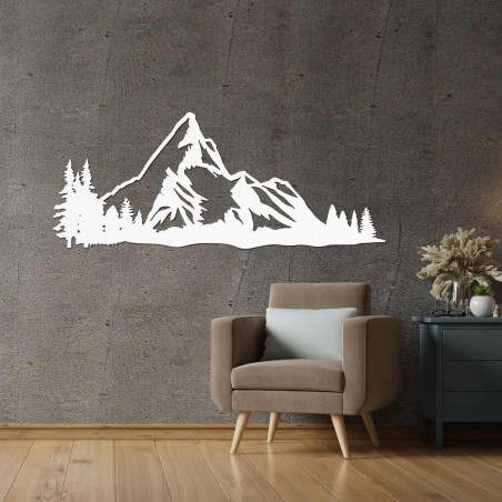 Mountain panorama made of wood with precise laser carving on the wall