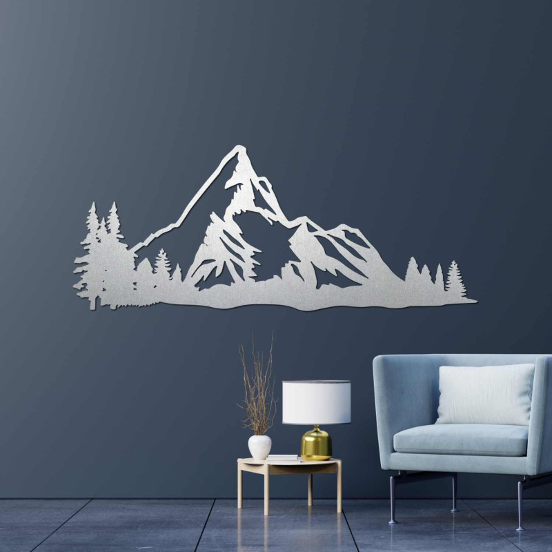 Mountain panorama made of wood with precise laser carving on the wall