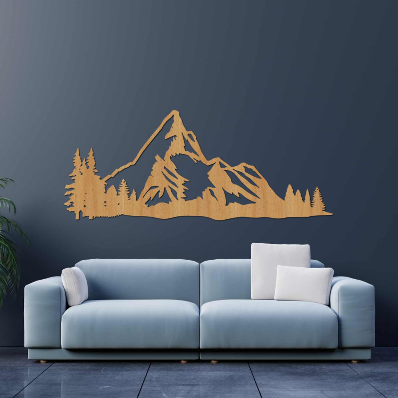 Modern wooden wall decoration with a mountain and natural landscape motif